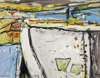 Lot 242 - Attributed to Malcolm Taylor, mixed media abstract, 'The Estuary at Hayle', titled, 27cm x 34cm, glazed box frame