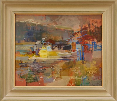 Lot 1082 - Oliver Campion (1928-2000) oil on board – Boats, artist's label verso, 38 x 45.5cm, in painted frame
