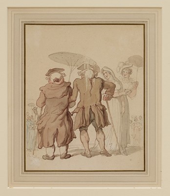 Lot 1056 - Thomas Rowlandson (1756-1827) watercolour, The Advantages of an Umbrella, 19.5cm x 16cm, glazed frame