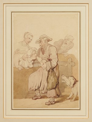 Lot 1054 - Thomas Rowlandson (1756-1827) watercolour – Humours of Houndsditch, Mrs Shevi in a longing condition, 30.3cm x 18.4cm, glazed gilt frame