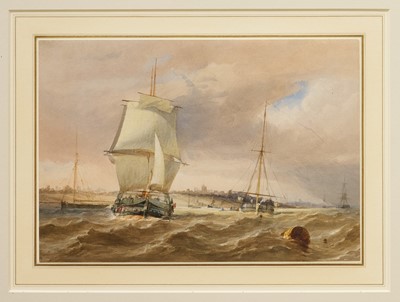 Lot 1013 - George Chambers (1803–1840) pencil and watercolour – Shipping off the coast of the Isle of Wight, 23.7cm x 34.2cm, glazed frame