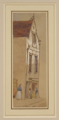 Lot 136 - Thomas Matthew Rooke RWS (1842-1942) pencil and watercolour – Lombard St, Maunders Fish Shop, 29.8cm x 10.8cm, glazed frame