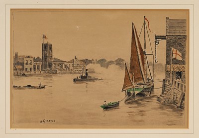 Lot 1062 - Walter Greaves (1846-1930) pencil and watercolour – Chelsea from Old Battersea Bridge, signed, 22cm x 33cm, glazed frame