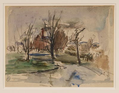 Lot 1078 - *Rodrigo Moynihan RA (1910-1990) watercolour – Felstead Meadows circa 1934, 20cm x 26.5cm, glazed frame