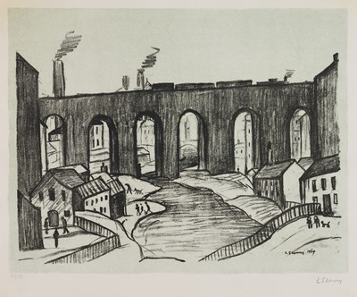 Lot 1085 - *Laurence Stephen Lowry (1887-1976) limited edition signed print - Railway Viaduct, 1969, numbered 46/75, 63 x 75cm, in glazed frame