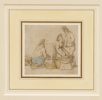 Lot 1058 - Thomas Rowlandson (1756-1827) watercolour – The Vegetable Sellers, initialled, 7.3cm x 7.7cm
