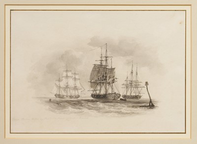 Lot 1069 - Nicholas Pocock OWS (1741-1821) pen, ink and grey wash – Portrait from three angles of the French Raam taken by Captain Cartaret of HMS Naird, signed and dated 1813, 23.5cm x 33cm, glazed frame