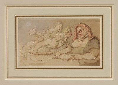 Lot 1057 - Thomas Rowlandson (1756-1827) pen, ink and watercolour – Disrespectful Youth, 10.5cm x 18cm, in glazed gilt frame