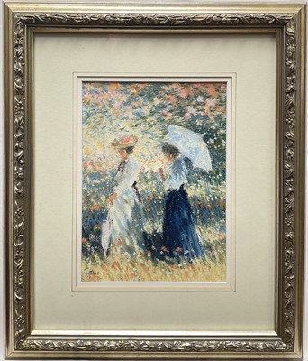 Lot 247 - Impressionist style pastel, women with parasols, signed indistinctly, 25cm x 18cm, glazed frame