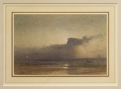 Lot 137 - Henry George Hine RI (1811-1895) pencil and watercolour – Moonlight on a Sussex Beach, signed and dated 1867, 17cm x 26cm, glazed gilt frame