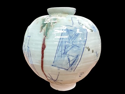 Lot 2267 - Adam Frew (b.1981) porcelain vase, with celadon crackle glaze and applied brushwork, impressed potter's seal mark to the footrim
