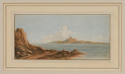 Lot 1032 - John Varley OWS (1778-1842) pencil and watercolour – View towards Bamborough Castle (Bamburgh Castle) from Holy Island, 12cm x 25.5cm, glazed frame