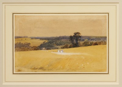 Lot 138 - Thomas Francis Wainwright (1815–1887) watercolour – Harvesters crossing a Cornfield, signed and dated 1864, 14.5cm x 23cm, glazed frame