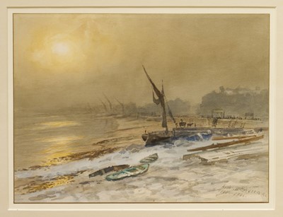 Lot 1060 - Joseph Arthur Palliser Severn RI (1842-1931) pencil and watercolour – Winter’s Evening at Lindsey Wharf, signed and dated 1900-1906, 25.5 cm x 35cm, glazed frame