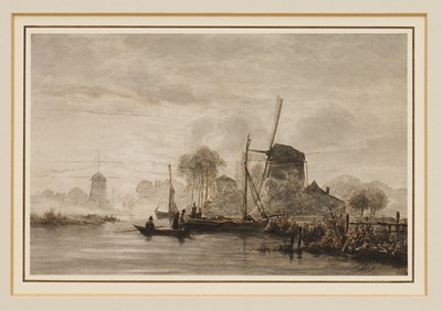 Lot 139 - Jacobus Theodorus Abels (1803-1866) reed pen, brown ink and watercolour – Dutch River Landscape with boats and windmills by moonlight, signed, 15.3cm x 23.6cm