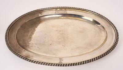 Lot 413 - Georgian silver oval dish with engraved crest