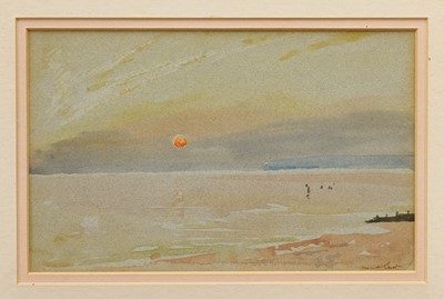 Lot 1071 - Sir Frank Short RA, RI, PRE (1857-1945) watercolour – Shore Scene at Sunset, 14.5cm x 23cm, glazed frame