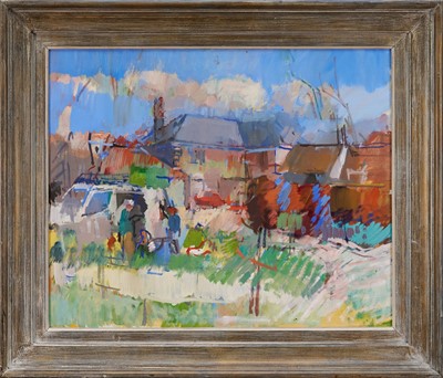 Lot 1083 - Oliver Campion (1928-2000) oil on canvas – Chateau with Figures and Car, 46cm x 56cm, in painted frame