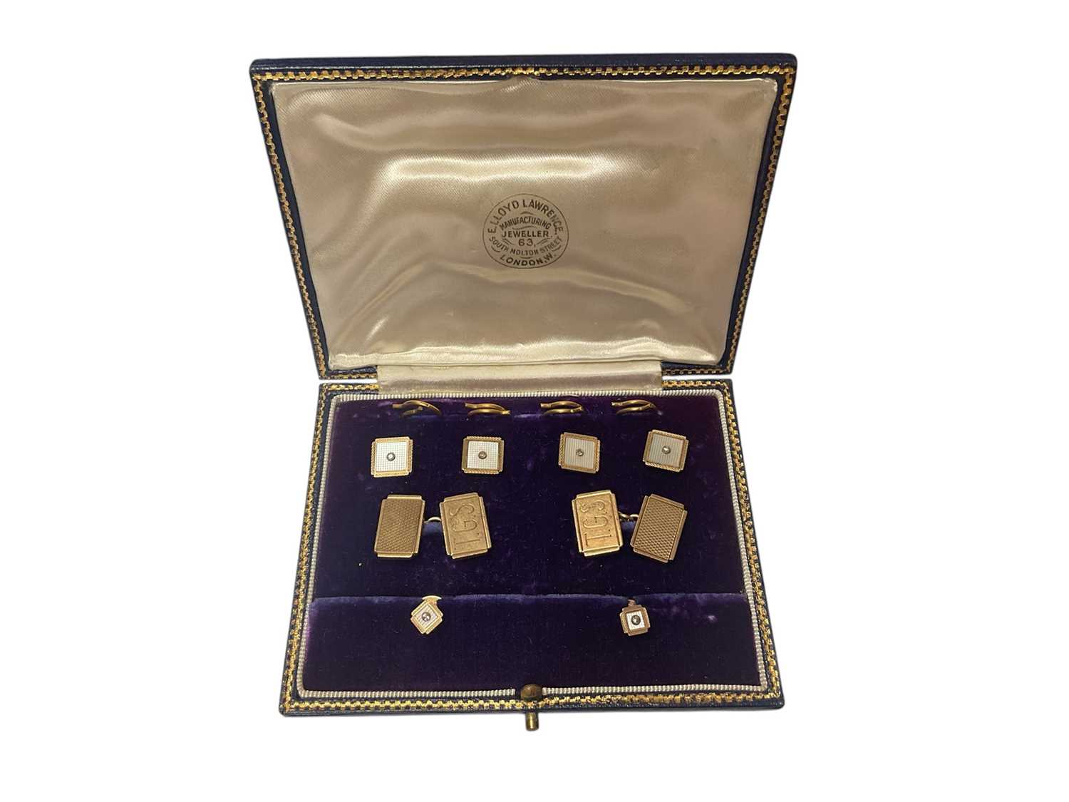 Lot 31 - Set of 1950s 9ct gold, mother of pearl and diamond dress / collar studs (6) and pair of 9ct gold cufflinks, within a fitted case