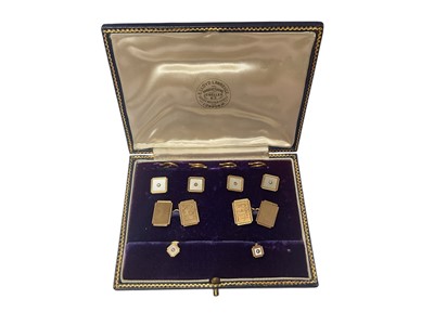 Lot 31 - Set of 1950s 9ct gold, mother of pearl and diamond dress / collar studs (6) and pair of 9ct gold cufflinks, within a fitted case