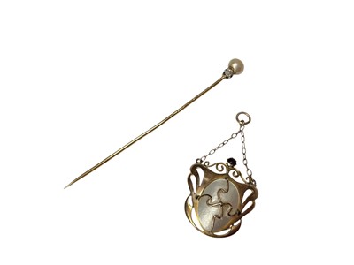 Lot 33 - Art Nouveau 9ct gold mother of pearl and gem set pendant, together with an Edwardian diamond and pearl stick pin