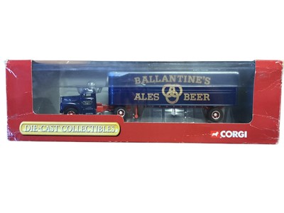 Lot 1778 - Corgi O Gauge diecast collection Shell Mack B Frueauf Tanker #53201 & Ballantines Ales & Beer Mack B Series Fruehauf Container #52304, plus 1:50 Vintage glory Garrett Showmans Tractor &a...