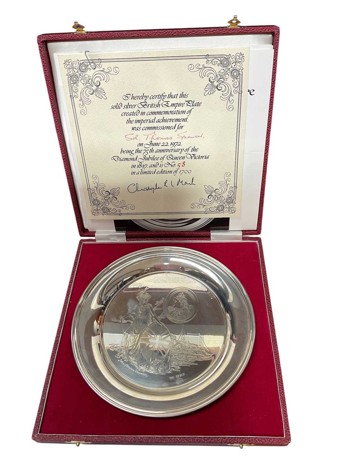 Lot 39 - Limited edition silver British Empire Plate, no. 58 of 1700, in fitted case with certificate. 19cm diameter
