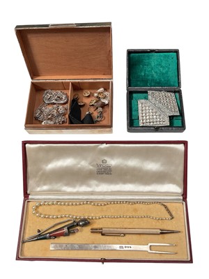 Lot 40 - Silver cigarette case containing some jewellery, silver two pronged fork, Scottish silver and hard stone brooch, gold plated pencil and other bijouterie
