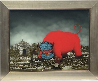 Lot 272 - Naive folk painting of figures and a large red bull, 31cm x 40cm, indistinctly signed