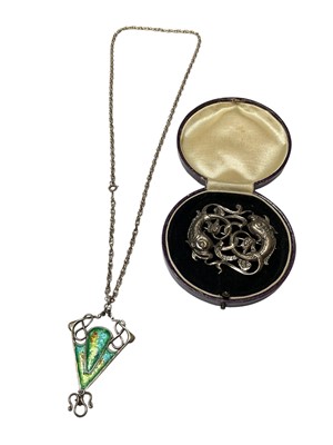 Lot 229 - Art Nouveau sterling silver and enamel pendant necklace, together with an Arts & Crafts Scottish sterling silver brooch (2)