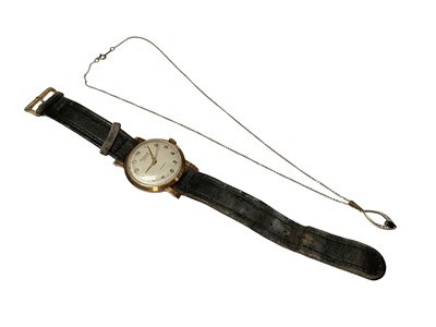 Lot 52 - 1960s 9ct gold cased Rona Seventeen wristwatch on leather strap and 9ct gold gem set pendant on 9ct gold chain