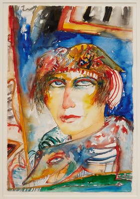 Lot 1288 - *John Bellany (1942-2013) watercolour - Woman with fox stole, together with a signed and inscribed John Bellany book, personal photographs and a Bellany tie