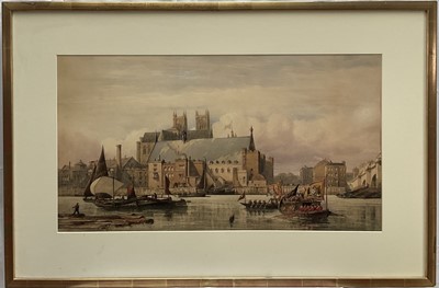 Lot 1068 - English School, early 20th century, watercolour - View on the Thames with Royal Barge, apparently unsigned, 40cm x 72cm, in glazed gilt frame