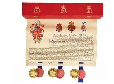 Lot 6 - Sir Andrew Stark, KCMG, CVO, fine painted on velum grant of Arms dated 1976 and with attached seals in original fitted scarlet box with gilt printed crowned ER cyphers. Provenance