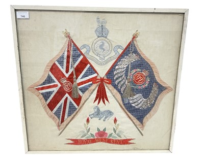 Lot 746 - Early 20th century silk embroidered panel depicting the regimental colours of the Queen's own Royal West Kent Regiment, in glazed frame 55 x 52cm overall.