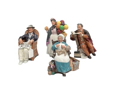 Lot 2232 - Seven Royal Doulton figures including Biddy Penny Farthing and Taking Things Easy, together with a Minton figure - Travellers Tales and a Lladro figure of girl in armchair (9)