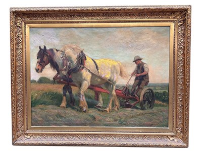 Lot 1102 - H. Hardy, English School, early 20th century, oil on canvas - Horse-drawn hay Mowing, signed, 82cm x 113cm, in gilt frame