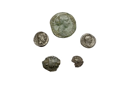 Lot 465 - Ancients - Mixed Roman & Celtic coinage to include Celtic cast bronze 'Potin' circa 120-100 BC, an edge damaged silver unit, Roman silver Denarius, early Republic, Obv: Bust right, with 'Sar...