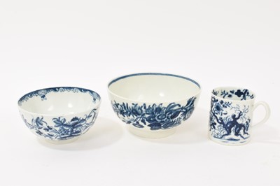 Lot 64 - Worcester Prunus Root pattern small can, circa 1760, a Worcester Mansfield pattern small bowl and a Three Flowers pattern bowl