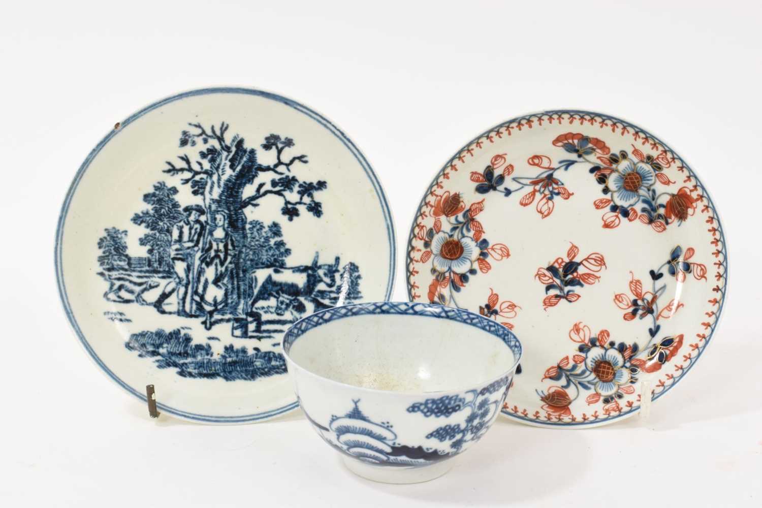 Lot 5067 - Pennington Liverpool Milkmaids pattern saucer, circa 1770, a Pennington Cannonball pattern tea bowl and a Christian’s Liverpool blue and iron red saucer