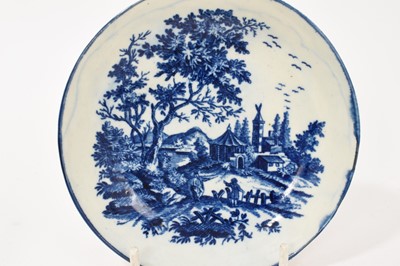 Lot 5043 - Worcester European Landscapes pattern saucer, a Worcester tea bowl, a Worcester coffee cup and a Caughley tea bowl