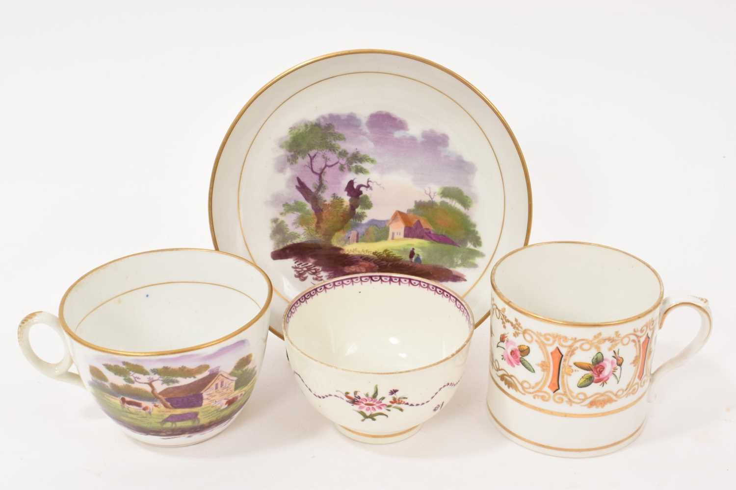 Lot 5042 - New Hall Bute Shape teacup and saucer, with printed and painted decoration, a Caughley Target pattern tea bowl and an English porcelain coffee can