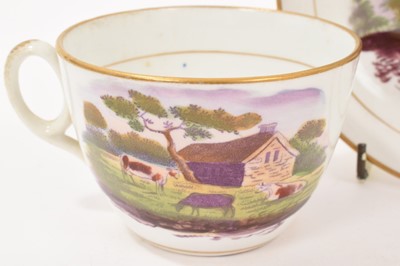 Lot 5042 - New Hall Bute Shape teacup and saucer, with printed and painted decoration, a Caughley Target pattern tea bowl and an English porcelain coffee can