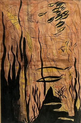 Lot 55 - 20th century Abstract, ink and wash on paper, fish amongst seaweed, 38cm x 27cm, framed