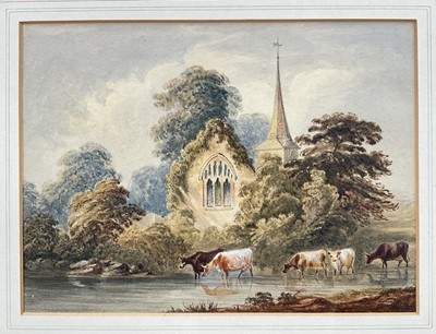 Lot 25 - David Cox Junior ARWS (1809-1885), 19th century watercolour on paper, cattle drinking in a stream beside ruins of a church, 19cm x 26cm, labelled verso “Cox David June A.R.W.S. 1809-1885, Exhibi...
