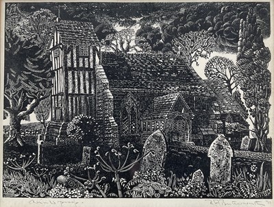 Lot 62 - R. A. Butterworth, woodcut, study of a church with gravestones, Artist Proof, signed and dated ‘73, 15cm x20cm, in glazed frame.