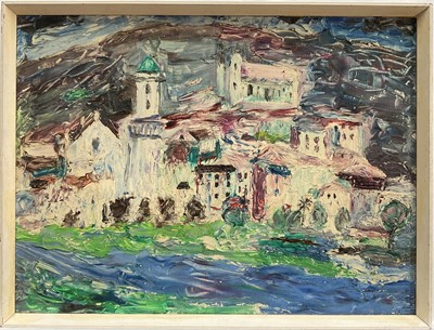 Lot 132 - Impressionist school, 20th century, impasto oil on board, a view of Dolceacqua Italy, 30.5cm x 40.5cm, unsigned, title verso, framed