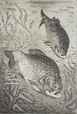 Lot 21 - 20th century aquatint etching, Piranhas, indistinctly signed, 20cm x 14cm, framed