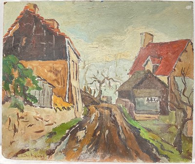 Lot 24 - Early 20th century French impressionist style oil on board of a lane through a rural village, 46cm x 55cm, signed indistinctly, unframed
