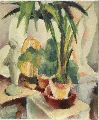 Lot 63 - Ned Boyd, oil on canvas laid onto board, Interior scene with potted plants and sculpture, 61cm x 51cm, signed verso, unframed
